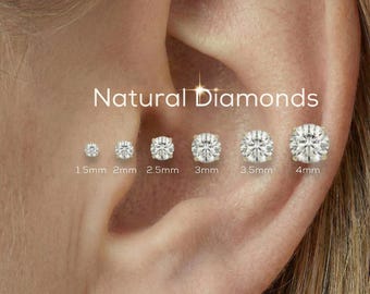 Natural Diamond Tragus Earring · 14k Gold Flat Back Stud · Helix Cartilage Conch Piercing · Single Diamond Cartilage Earring