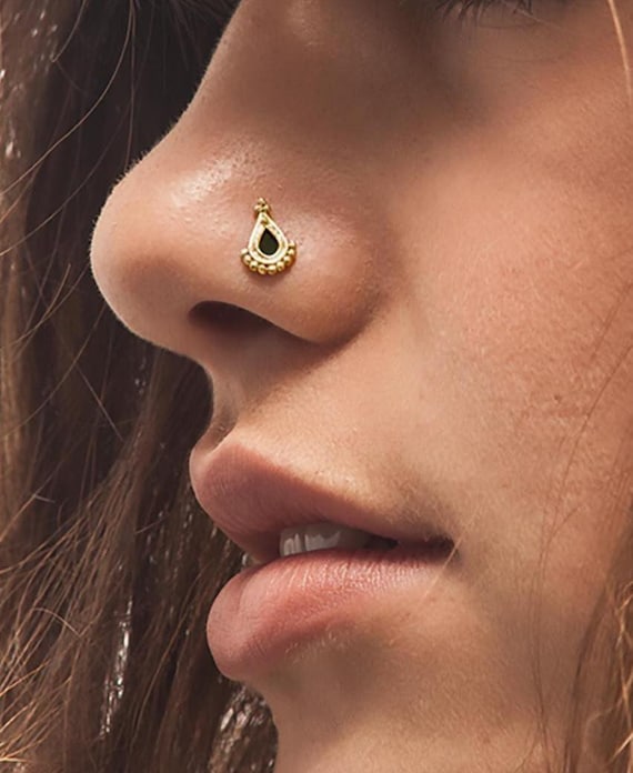 Solid 14k Gold Nose Stud: Dainty Indian Style with Enamel