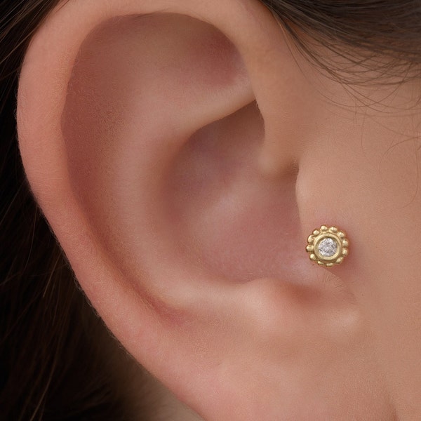 Diamond Tragus Piercing Jewelry: 0.03 ct Genuine Diamond in a Solid 14k Gold Tragus Screw Earring SKU 18-D