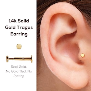 Orecchino Tragus in oro massiccio 14k, orecchino Tragus minuscolo, tragus posteriore piatto, perno Tragus a disco, gioielli Tragus in oro, piercing Tragus in oro, Labret