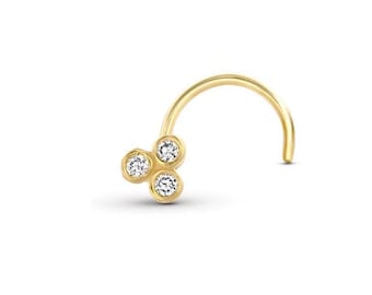 Diamond Nose Ring: Three Genuine Diamonds in 14k Gold (Yellow, Rose, White)