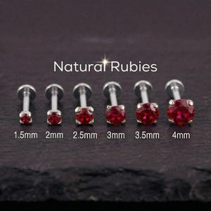 Piercing de nariz com rubi natural, em ouro branco maciço 14k com rosca interna e base plana (1,5-4 mm)
