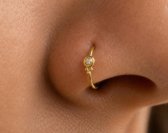 Diamond Nose Ring: Dainty Indian Tribal Style - Solid 14k Gold