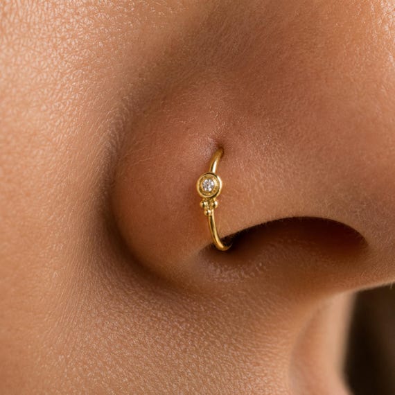 Diamond Nose Ring: Dainty Indian Tribal Style - Solid 14k Gold