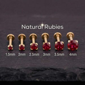 Natural Ruby Nose Stud, Solid 14K Gold Flat Back Nose Piercing, July Birthstone, Genuine Red Gemstone, 1.5-4mm