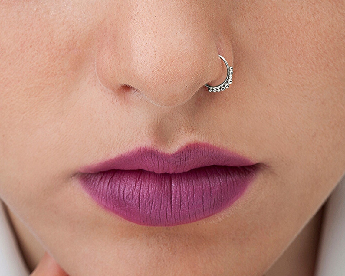 White Gold Nose Ring Gold Nose Hoop 14k Beaded Nosering Etsy