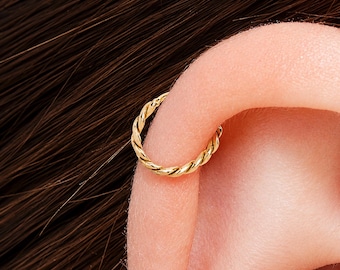 Twisted Gold Helix Hoop · Solid 14K Cartilage Earring · Small Ear Piercing Jewelry · Yellow Rose Gold