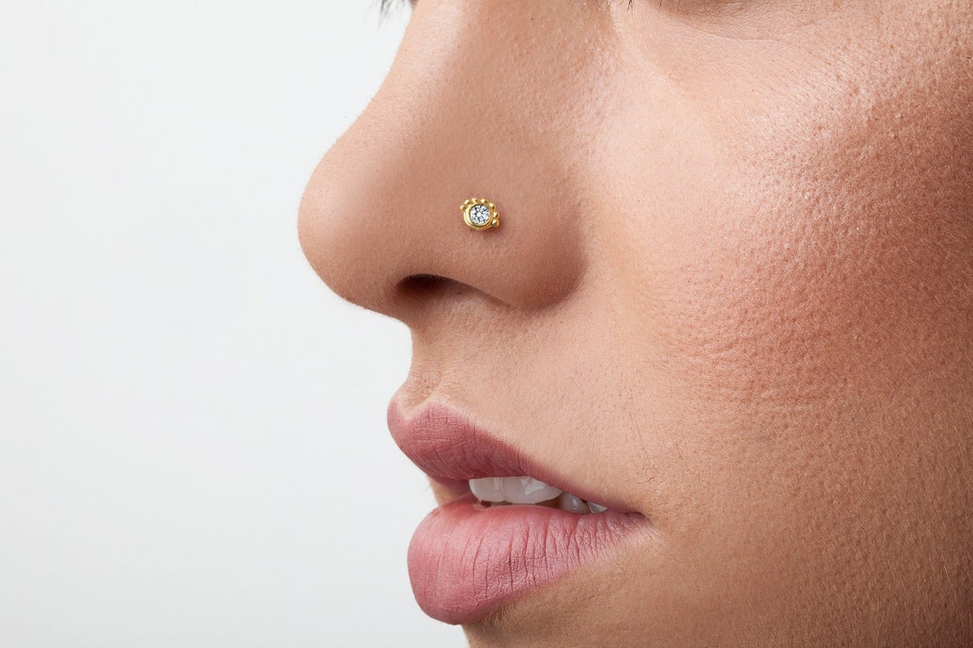 Diamond Nose Stud 0.03 Ct Diamond in a Unique Solid 14k Gold Etsy