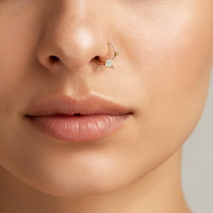 Indian Style Diamond Nose Ring, Solid 14k Gold (Rose, White, or Yellow) image 1