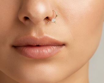 Indian Style Diamond Nose Ring, Solid 14k Gold (Rose, White, or Yellow)