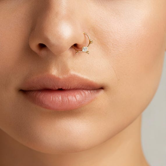 Indian Style Diamond Nose Ring, Solid 14k Gold (Rose, White, or Yellow)
