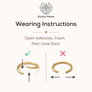 instructions for wearing a gold ring, with two images showing the ring on a finger with and without the ring on it.
