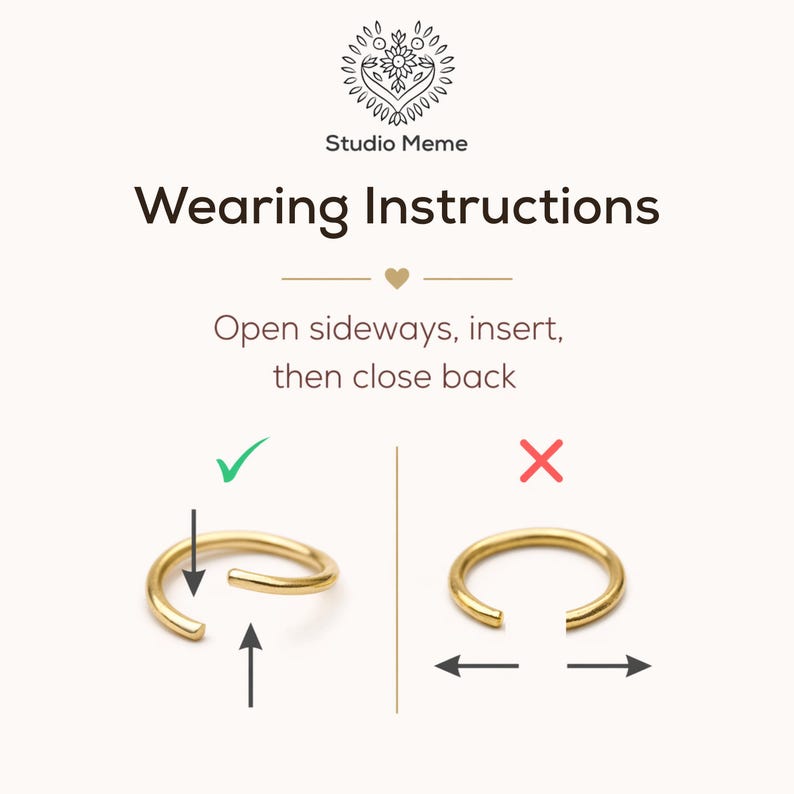 instructions for wearing a gold ring, with two images showing the ring on a finger with and without the ring on it.