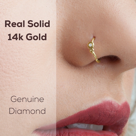 18K White Gold Bezel Set Nose Ring 1.5mm Genuine Diamond 20G – Diamond Nose  Rings