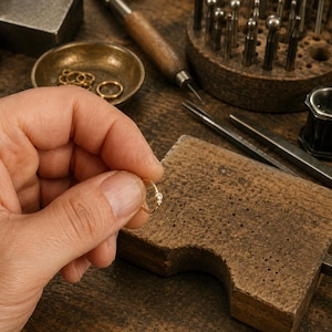 A hand holding a small gold ring, surrounded by various jewelry-making tools and materials on a wooden surface.