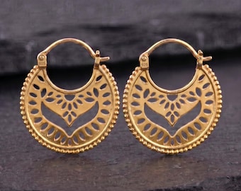 Gold Boho Hoop Earrings - Mandala Filigree Statement Hoops, Vermeil 925 Latch Back