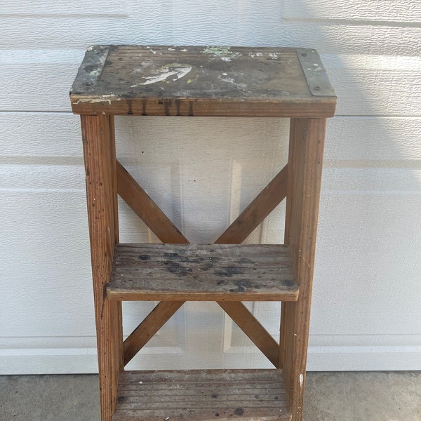 Vintage Household Natural Wooden 2 Foot Step Ladder Industrial Rustic Kitchen Step Stool Shabby Cottage Chic Repurposed Plant Stand