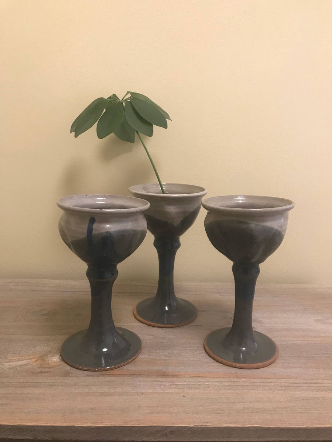 Set of 3 Stoneware Wine Goblets Pottery Decor Flower Frogs Pottery