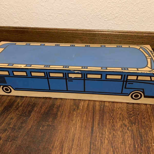 Vintage Thick cardboard bus toy storage box. Vintage toy. Vintage toy storage. Vintage storage. Car storage. Vintage train box toy train