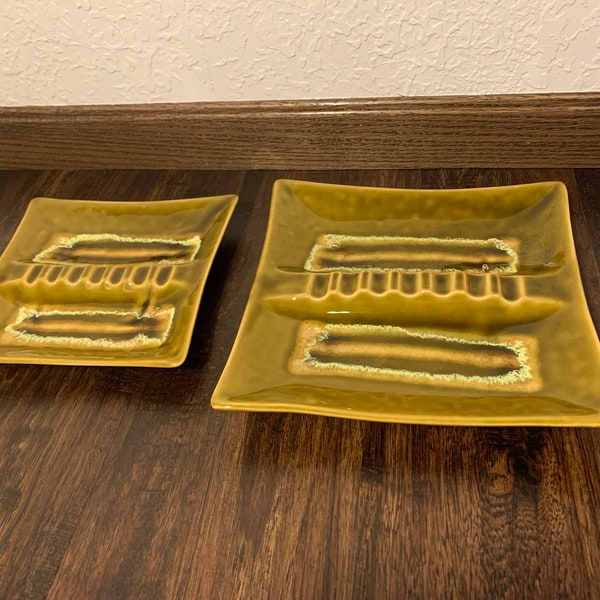 Vintage midcentury modern ceramic ashtray set of two. Vintage retro drop glaze ashtrays. Made in USA stamped Olive Green MCM Decor 1960s