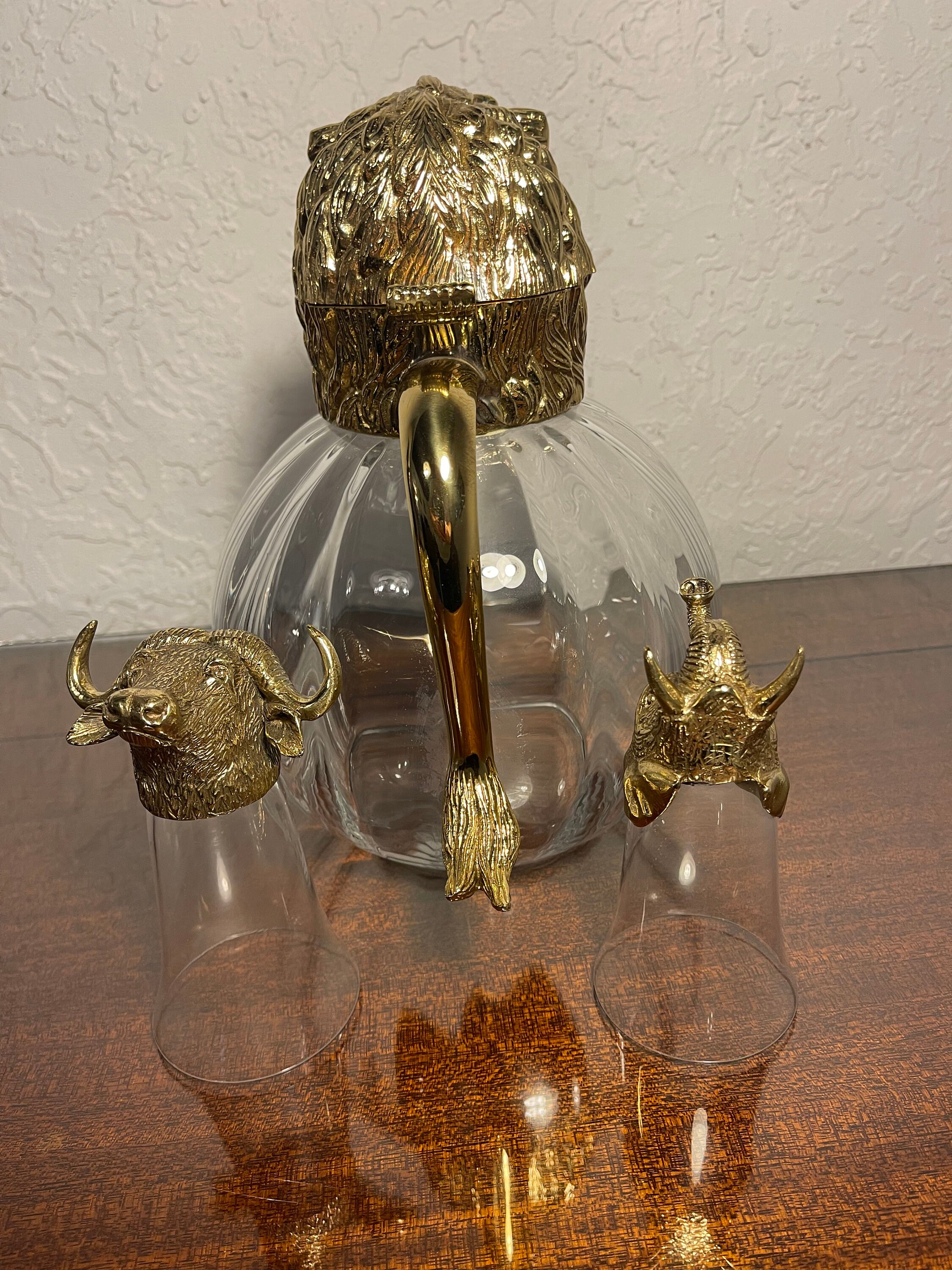 Vintage Valenti Blown Brass Gilded Metal Lion's Head Pitcher