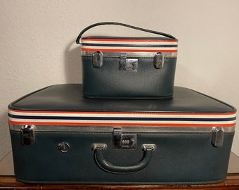Vintage Ventura Luggage Set Navy Blue with Stripes Blue Suitcase Set Retro Luggage Set of 2 Ready for Travel or as Home Decor Storage