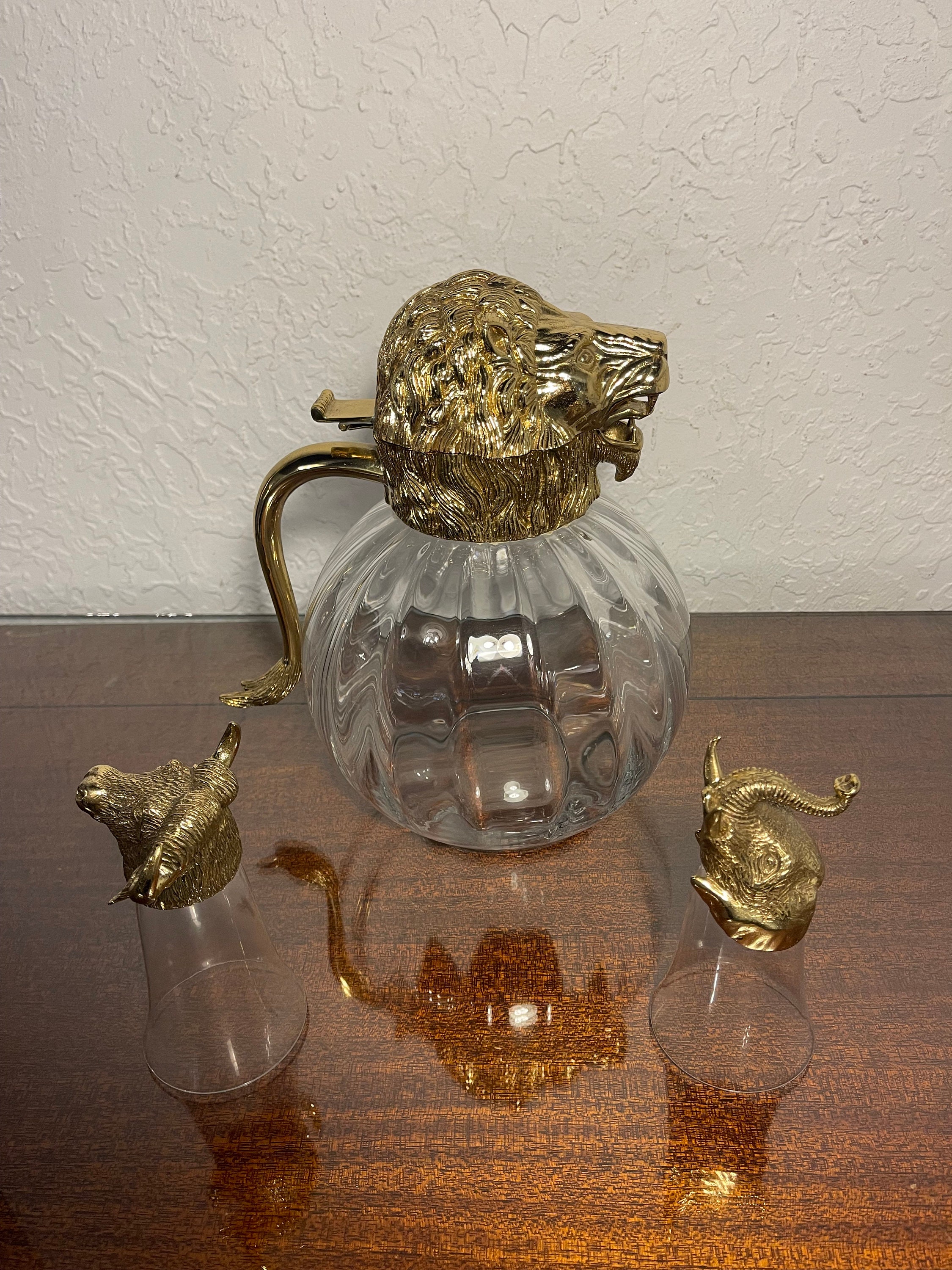 Vintage Valenti Blown Brass Gilded Metal Lion's Head Pitcher