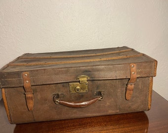 Vintage antique wood leather suitcase trunk. Steampunk Steamer trunk. Train case. Vintage leather suitcase Leather Trunk Wood