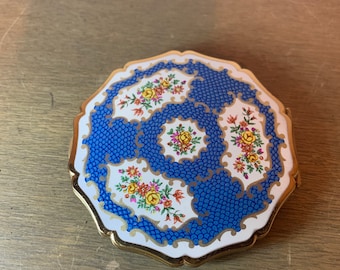 Vintage Stratton Compact Blue Enamel Floral Retro Makeup Powder Compact Pocket Mirror England Blue Compact England Makeup Vintage Makeup