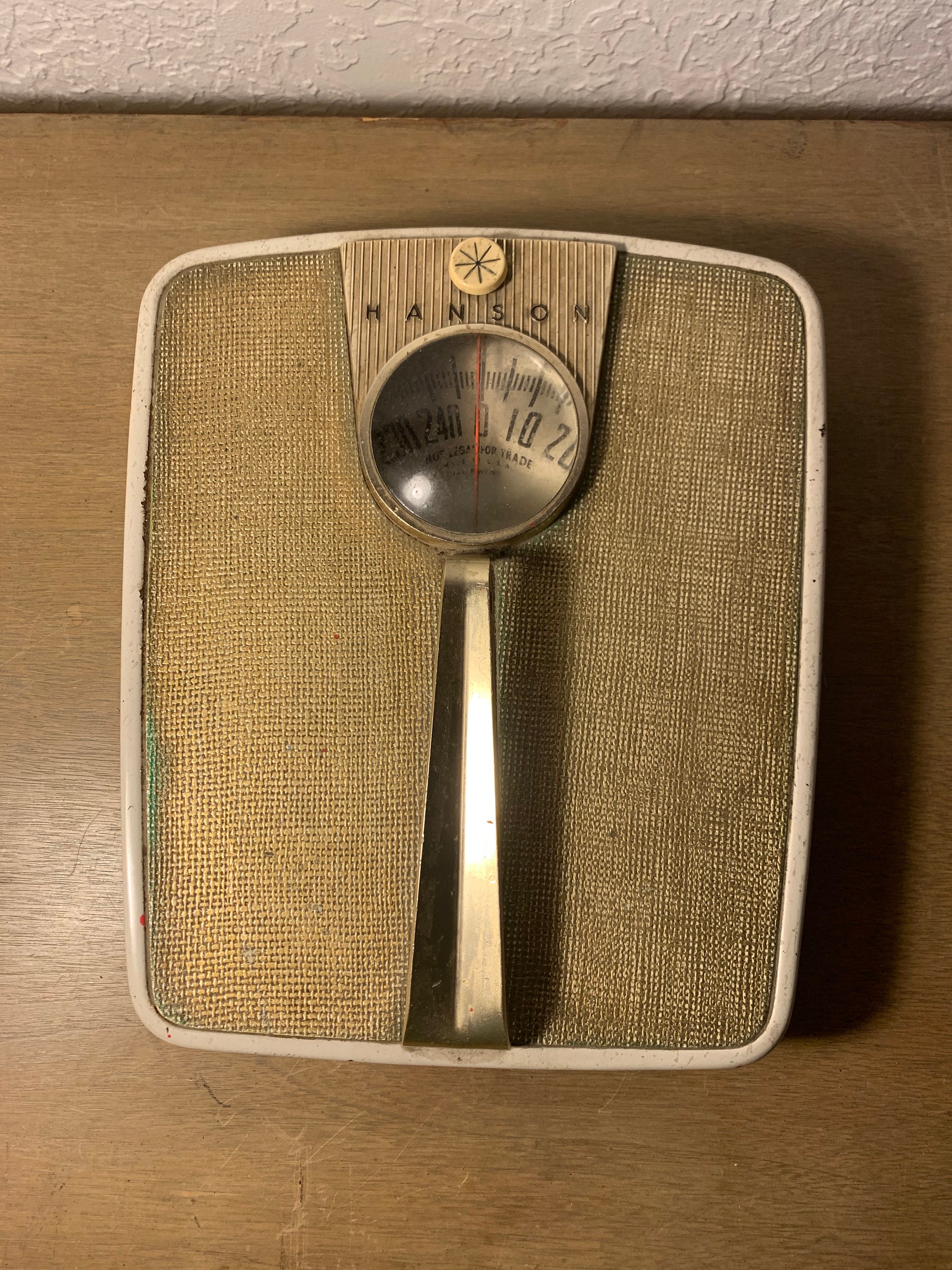 Vintage antique blue Hansen Bathroom scales with handle mcm retro