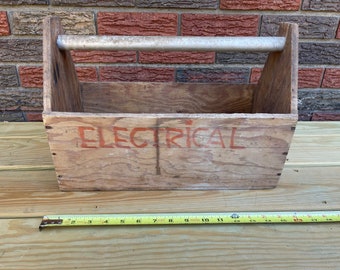 Vintage Handmade wooden Tool Box Tool Tote Wooden Caddy Electrical Tool Box Wine Caddy Sturdy Wooden Carrier