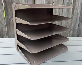 Vintage Tan Metal five tier paper TrayMetal paper tray. Vintage office supply. Office organizer. Desktop organizer Mad Men MCM Tray