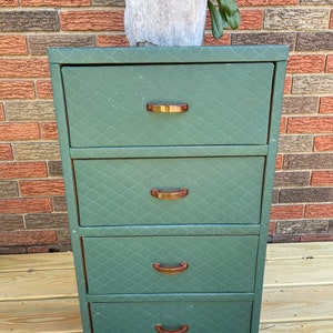 Vintage cardboard wood storage drawers Quilted cardboard wood dresser BakeLite Handle 4 Drawer CardBoard & Wood dresser Henry A Enrich Co