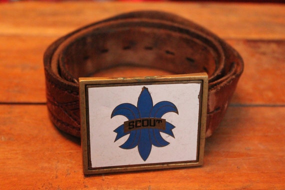 Vintage Brown Leather Belt with Brass Scout Belt … - image 1