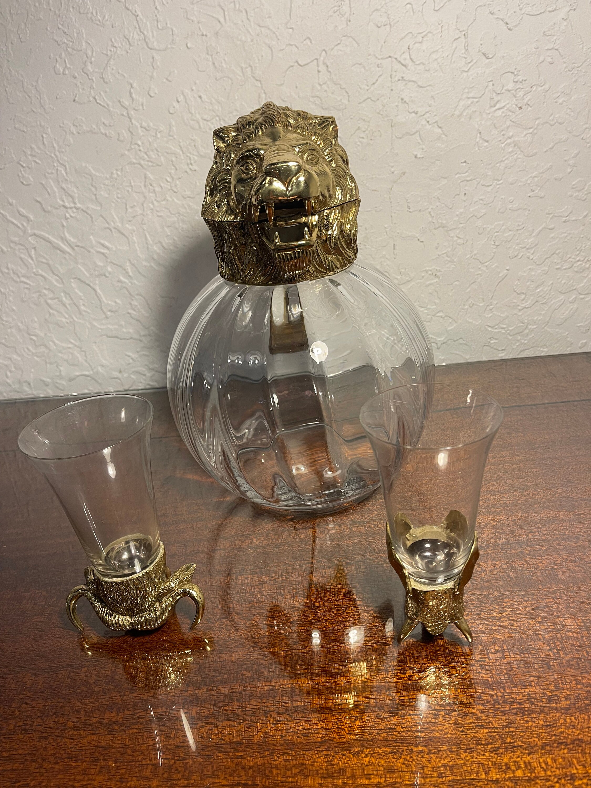 Vintage Valenti Blown Brass Gilded Metal Lion's Head Pitcher
