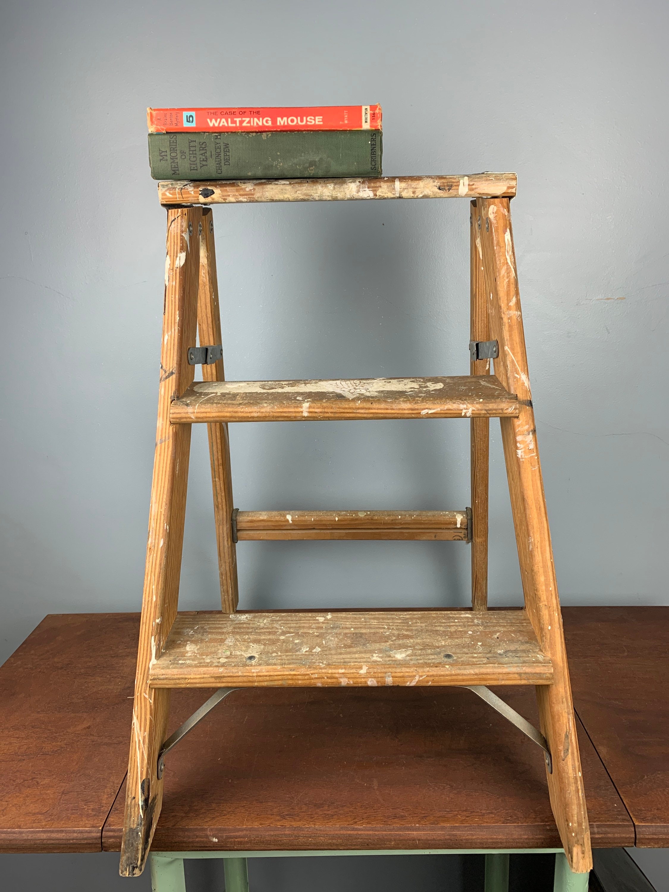 Vintage Old Wood Step Ladder - distressed with paint splatter