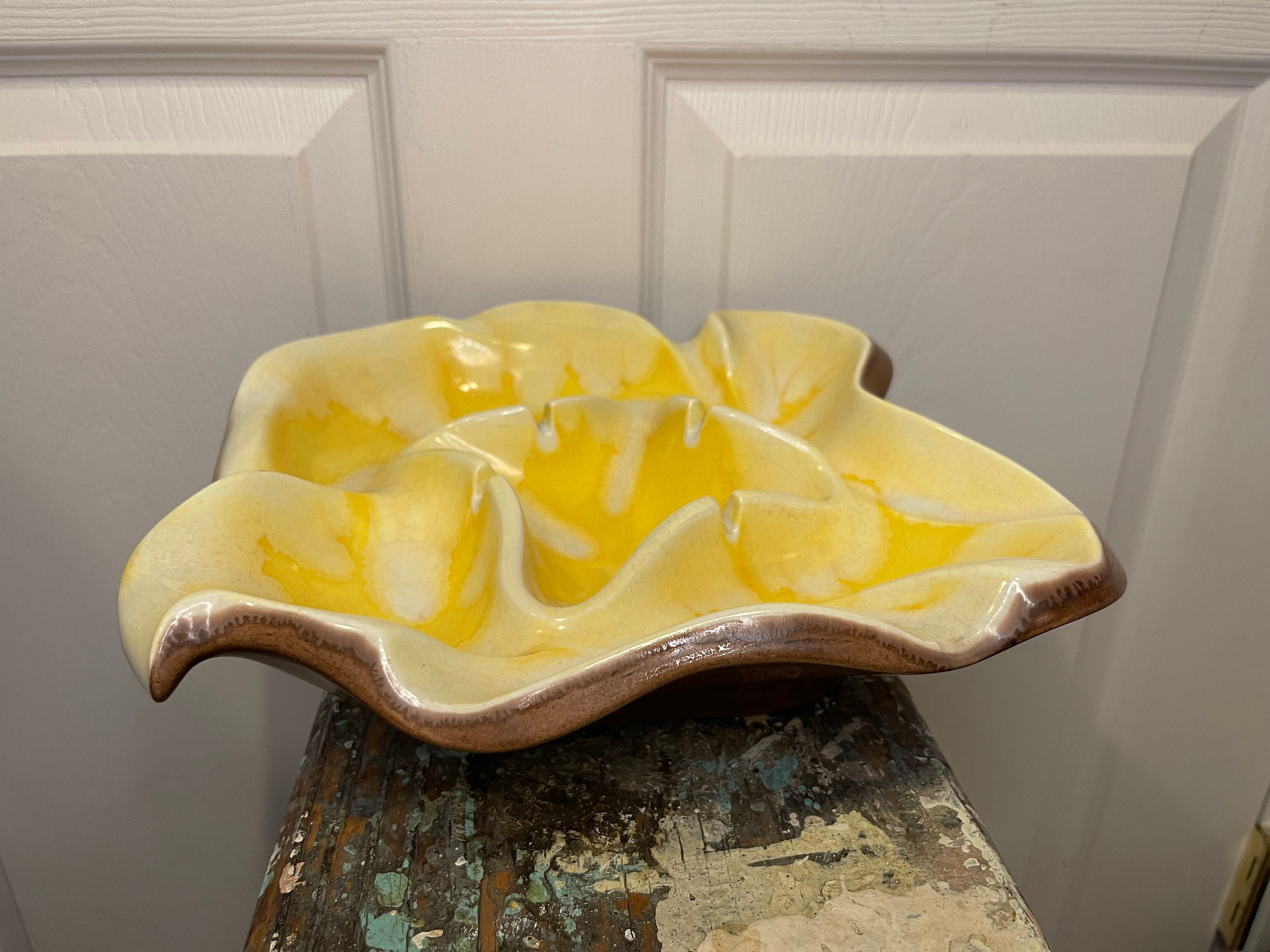 Vintage yellow, white and brown handmade ceramic ashtray Cigar ashtray Large ashtray Rita ceramics Ceramic ashtray Handmade ceramics Vintage