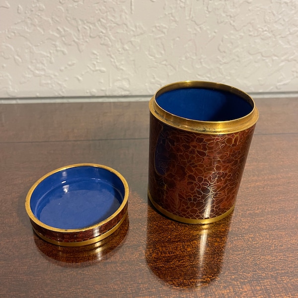 Rare Cloisonné Hand crafted Artist created Container Copper Enameled Cloisonne Canister Stash Box Tea Box Pen Holder