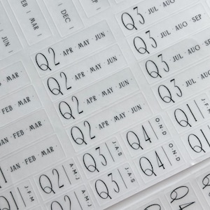 May include: A sheet of clear adhesive labels featuring black printed text. The labels include quarterly designations Q1, Q2, Q3, and Q4, alongside month abbreviations such as JAN, FEB, MAR, APR, MAY, JUN, JUL, AUG, SEP, OCT, NOV, and DEC in a clean font.