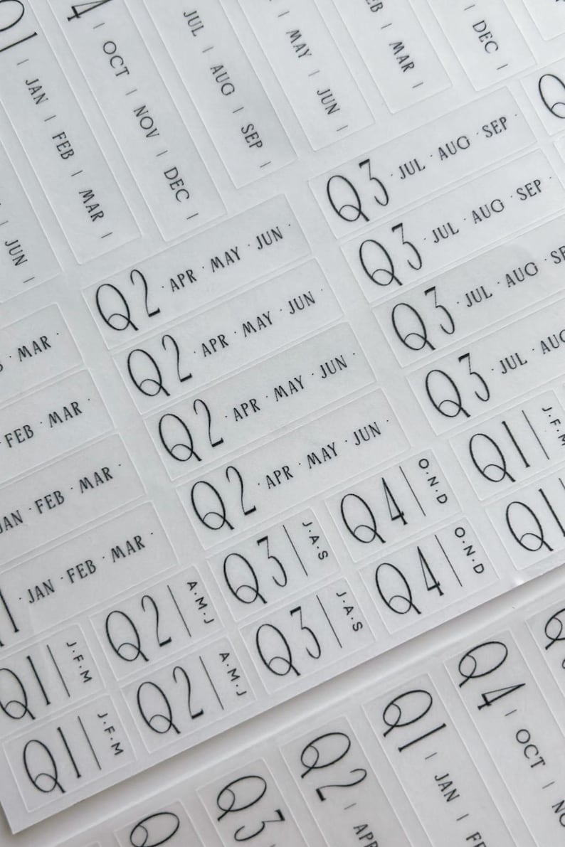 May include: A sheet of clear adhesive labels featuring black printed text. The labels include quarterly designations Q1, Q2, Q3, and Q4, alongside month abbreviations such as JAN, FEB, MAR, APR, MAY, JUN, JUL, AUG, SEP, OCT, NOV, and DEC in a clean font.