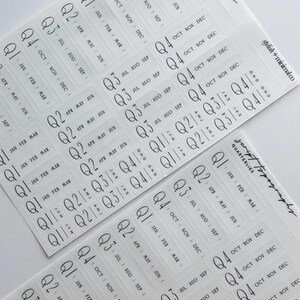 May include: A sheet of clear adhesive planner stickers featuring black text. The stickers include labels for Q1, Q2, Q3, and Q4, along with corresponding months. The text "script typography" and "stylish + minimal co" is printed on the sticker sheet.