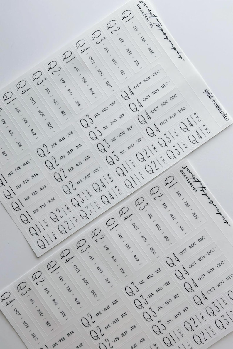 May include: A sheet of clear adhesive planner stickers featuring black text. The stickers include labels for Q1, Q2, Q3, and Q4, along with corresponding months. The text "script typography" and "stylish + minimal co" is printed on the sticker sheet.