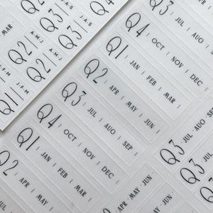 May include: A sheet of translucent adhesive labels featuring black printed text. The labels are organized by calendar quarters, displaying Q1, Q2, Q3, or Q4 alongside the corresponding months such as Jan, Feb, Mar, Apr, May, Jun, Jul, Aug, Sep, Oct, Nov, and Dec.