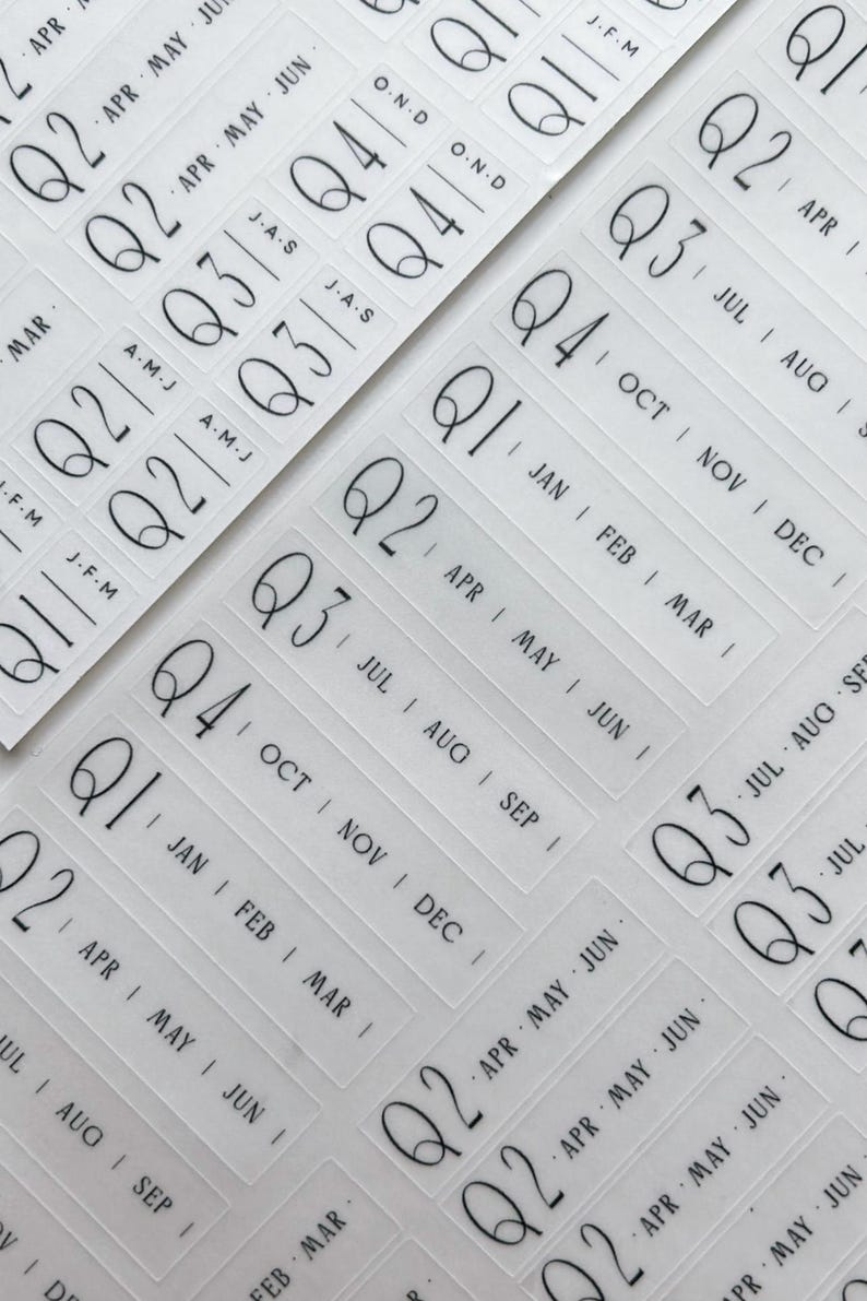 May include: A sheet of translucent adhesive labels featuring black printed text. The labels are organized by calendar quarters, displaying Q1, Q2, Q3, or Q4 alongside the corresponding months such as Jan, Feb, Mar, Apr, May, Jun, Jul, Aug, Sep, Oct, Nov, and Dec.