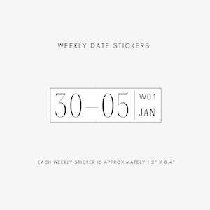 May include: Weekly date stickers featuring a rectangular label with the text 30-05, W01, and JAN in a black serif font on a white background. The text indicates each weekly sticker is approximately 1.2 inches by 0.4 inches in size.