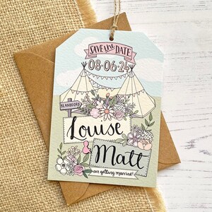 May include: Save the date card with a whimsical illustration of two white tents with bunting and flowers. The card says "Save the Date 08.06.24 Louise & Matt are getting married!"