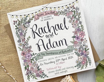 Wedding Invitation, hand drawn flowers