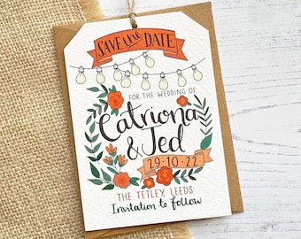 Autumnal, Festoon Lights & Floral Save The Date Tag, Save The Date Card, Rustic Wedding