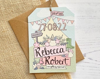 Festival Save The Date Tag, Blush Pink, Wellies, Tip, Festival Wedding Save The Date Card