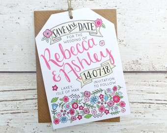 Hand Drawn Rustic Floral Save The Date Tag, Summer Wedding Save The Date, Rustic Twine Tag